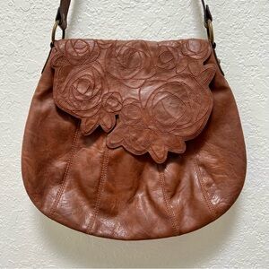 Stamp 10 Brown Faux Leather Floral Embroidered Rose Crossbody Hobo Bag Boho